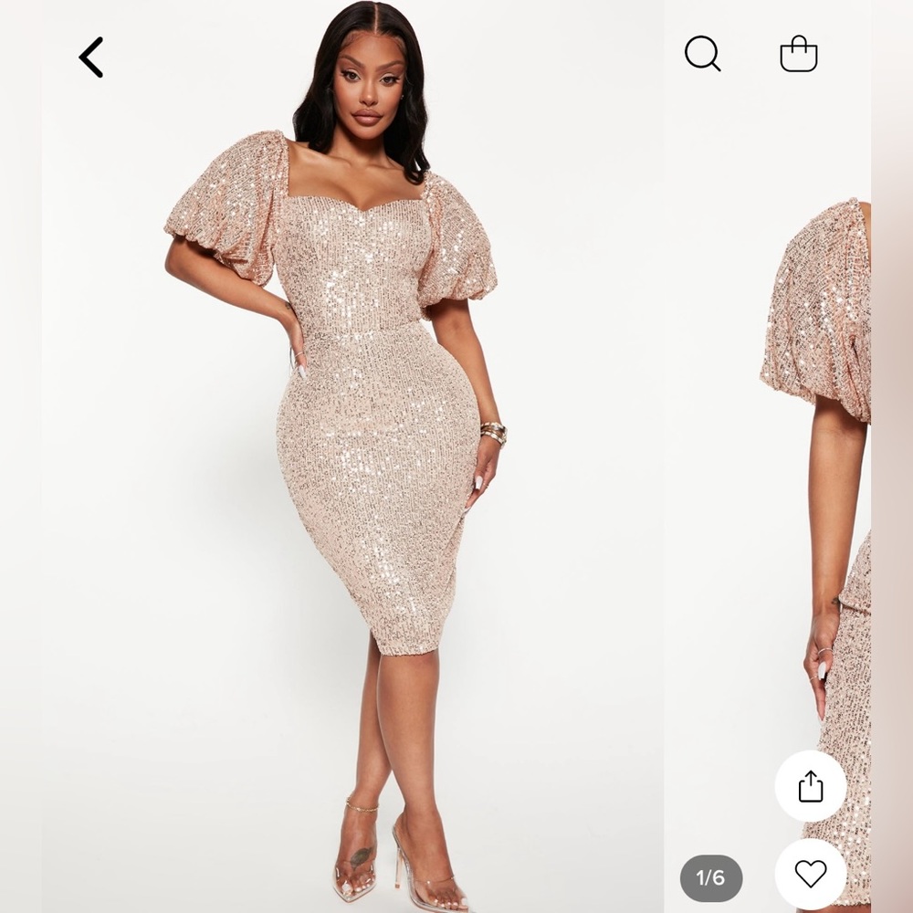 Fashion Nova - God’s Gift Sequin MIDI Dress, Rose Gold. Women’s L. Worn Once.